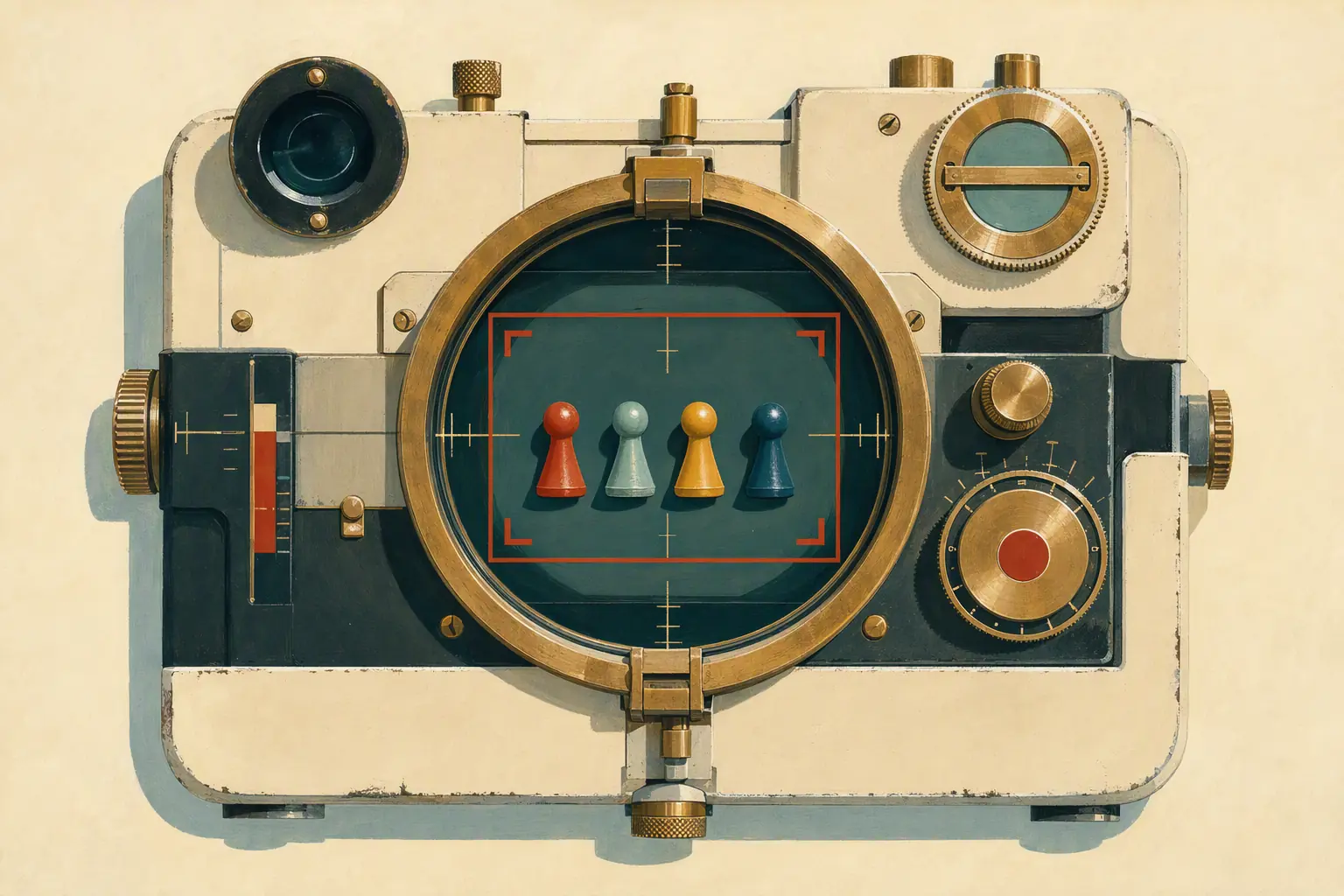 An illustrated mid-century optical instrument holding four game pieces inside a red framing reticle.